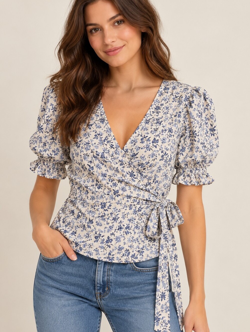 Reformation Floral Wrap Top Women’s Small Blue White Puff Sleeve Tie Blouse